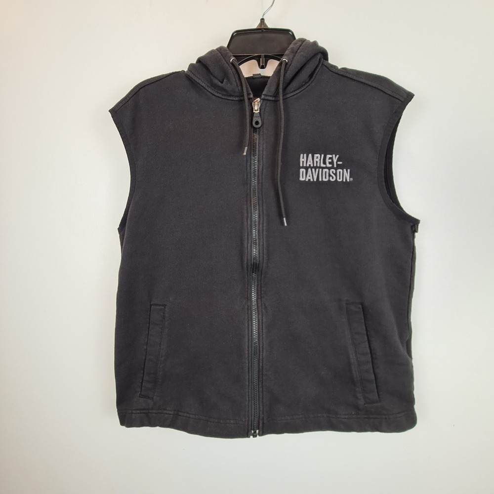 Harley Davidson Womens Black Sleeveless Full Zip Hoodie Vest Size Medium Logo